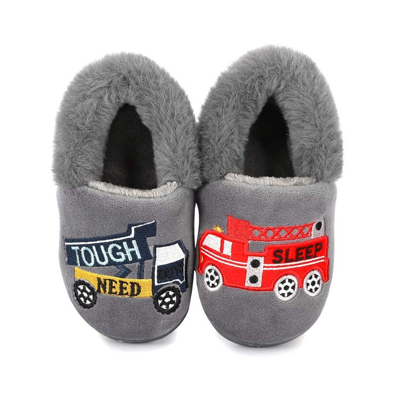 ESTAMICO Boys Girls Warm Slippers Cartoon Truck Kids Winter Indoor Household Shoes, Gray 9-10 Toddler - Image 3
